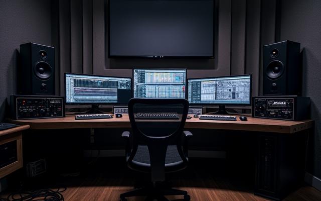 Moderne studiokontrollrom med avansert miksepult og dataskjermer