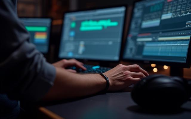 Lydtekniker som redigerer lyd på en dataskjerm