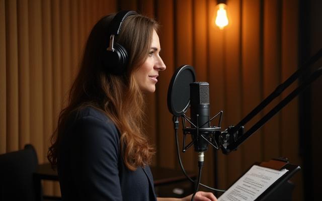 Profesjonell stemmeartist i et lydisolert bås